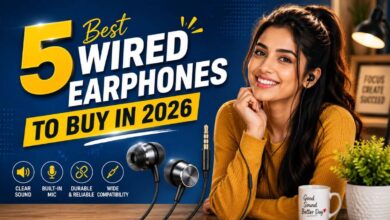 five best wired earphones to buy in 2026, featuring a smiling woman wearing wired earbuds alongside earphone product imagery and text highlighting sound quality, built-in microphone, durability, and compatibility.
