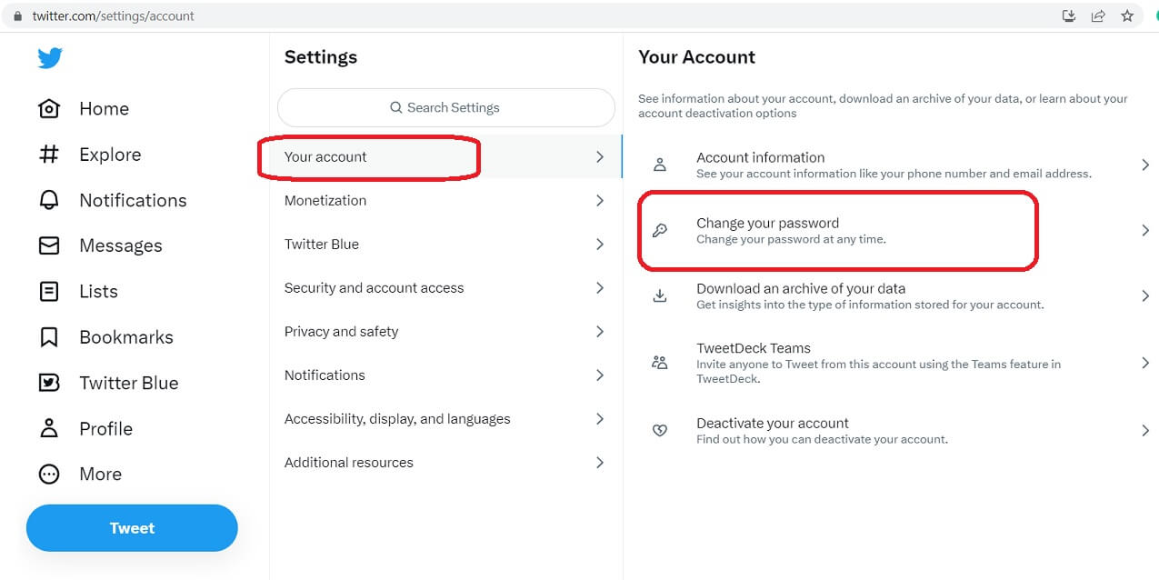 change twitter password