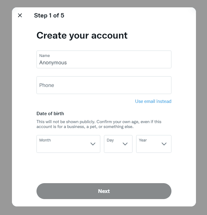account sign up page on twitter