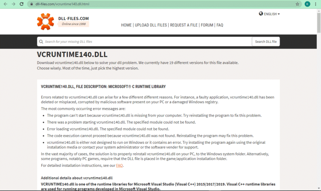 download dll files - fix vcruntime140.dll missing