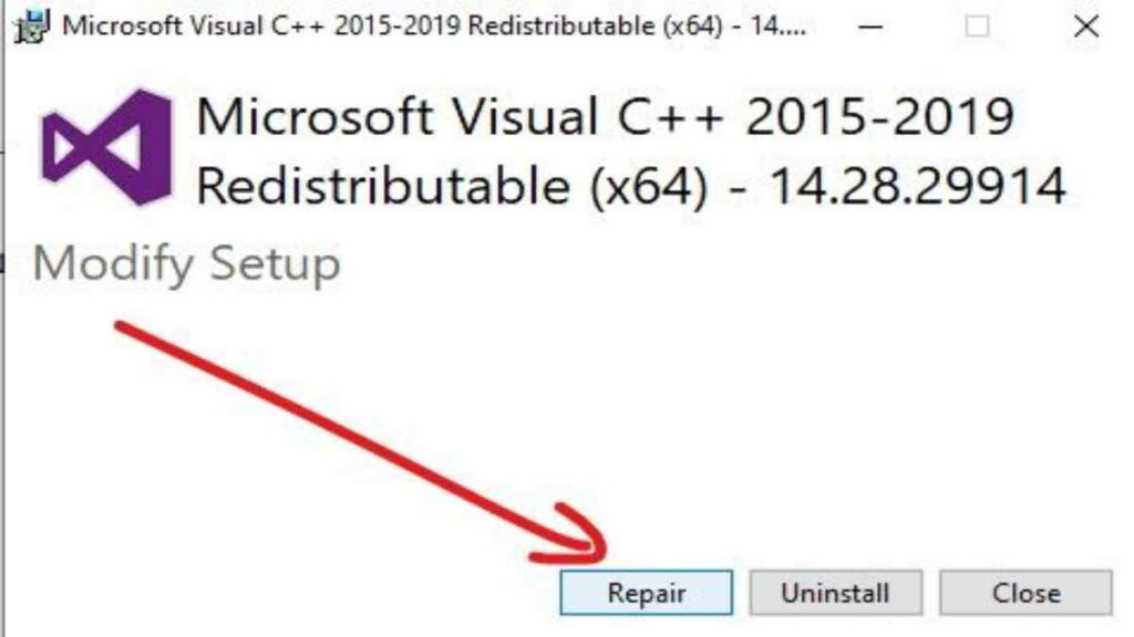 repair visual package - fix vcruntime140.dll missing