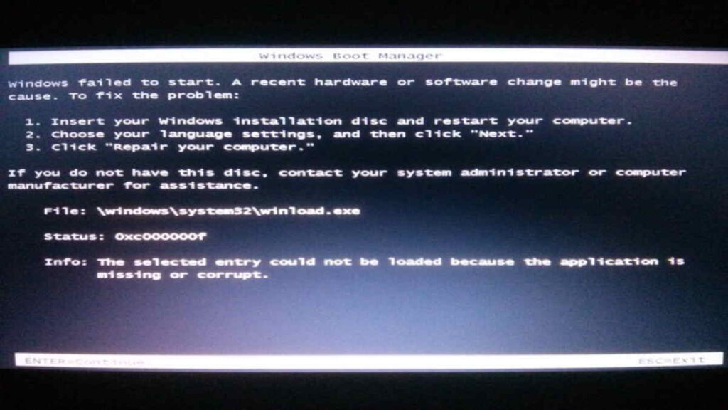 windows start - fix error code 0xc00000f windows