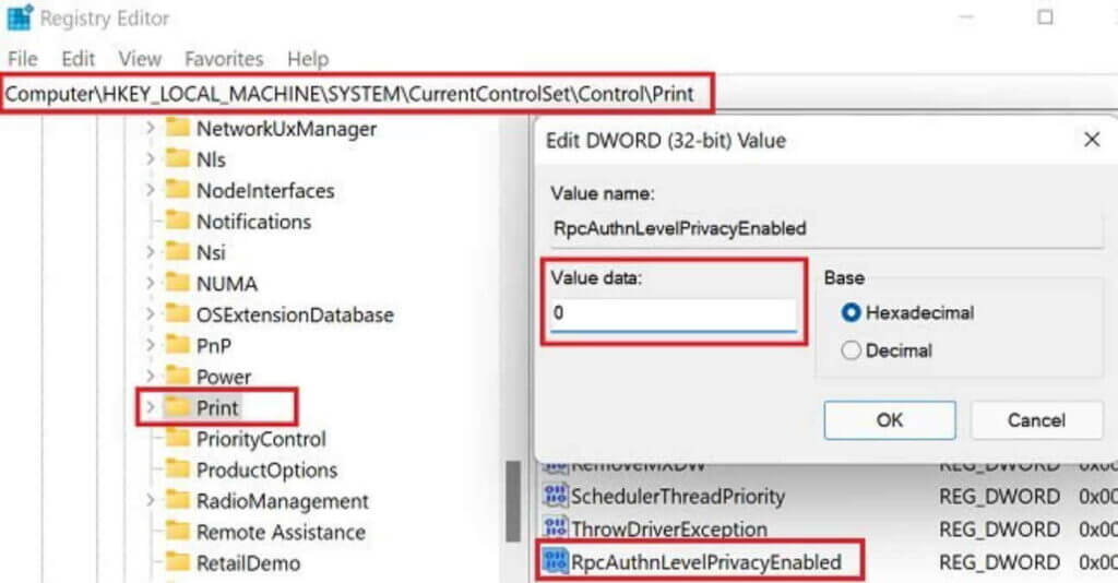 disable print spooler rpc encryption - fix error 0x0000011b printer