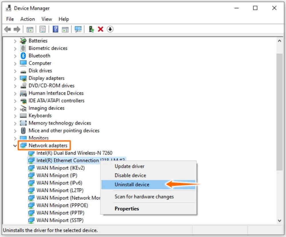 reinstall network adapter - fix error code 0x800704cf