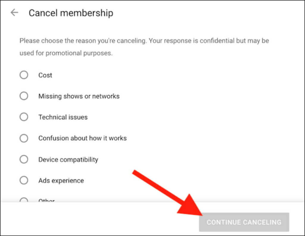 select any reason and click on cancle - cancel youtube tv subscription