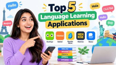 a light background, a human subject, cartoon-style landmarks, multilingual speech bubbles, and five language-learning app icons