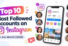 top 10 most followed instagram accounts in the world in 2026, featuring instagram’s profile, a smartphone displaying follower statistics, and numbered celebrity portraits on a light background