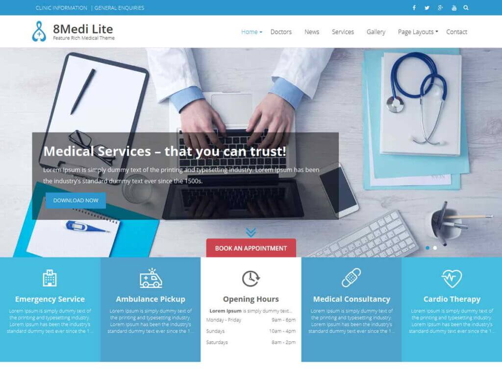 eightmedi lite comes at first in free wordpress themes for doctors