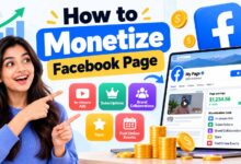 how to monetize a facebook page, featuring a woman pointing toward a facebook earnings dashboard, monetization tools, income growth charts, gold coins, and icons for in-stream ads, subscriptions, stars, brand collaborations, and paid online events on a light background.