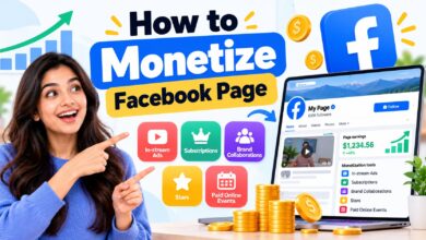 how to monetize a facebook page, featuring a woman pointing toward a facebook earnings dashboard, monetization tools, income growth charts, gold coins, and icons for in-stream ads, subscriptions, stars, brand collaborations, and paid online events on a light background.