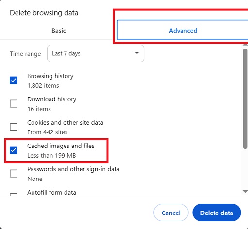 clear browsing data - advanced tab