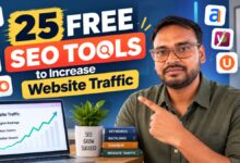25 free seo tools to increase website traffic, featuring seo icons, a rising website traffic graph, and an seo professional pointing toward the tools