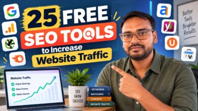 25 free seo tools to increase website traffic, featuring seo icons, a rising website traffic graph, and an seo professional pointing toward the tools