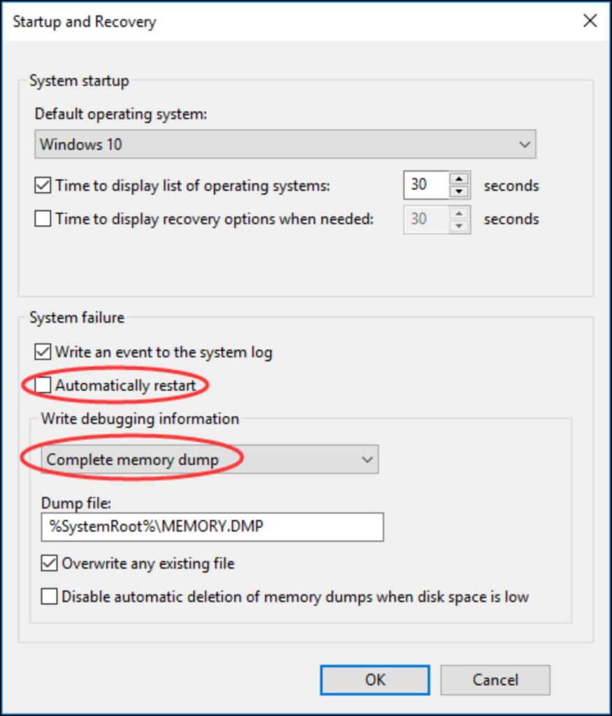 clear memory dump settings