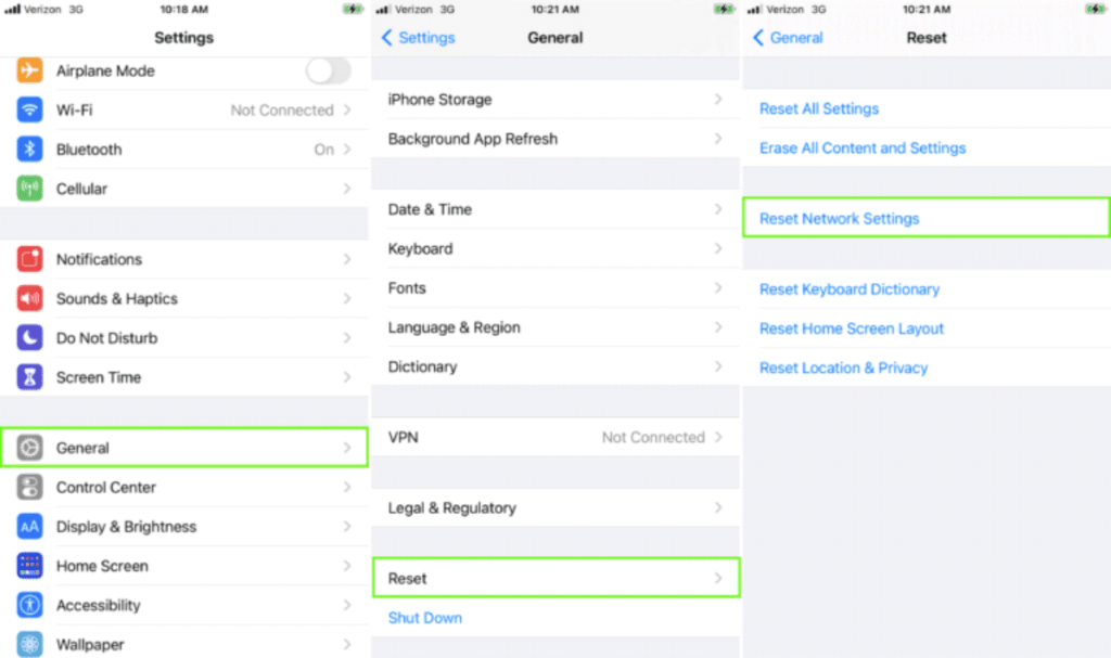 reset network setting - fix no sim card on iphone