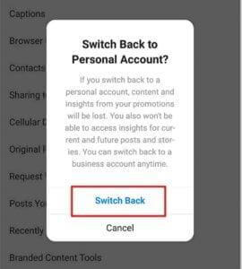 switch back from professional to personal account