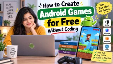 how to create android games for free without coding, featuring a woman using a laptop, an android mascot, a smartphone displaying a platform game, and popular game development tools.