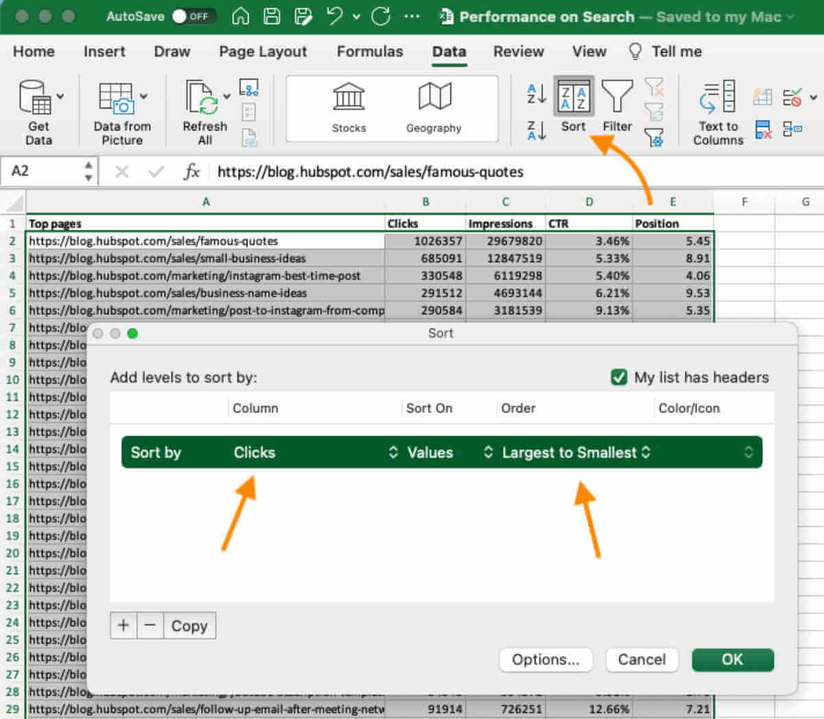 sort the values