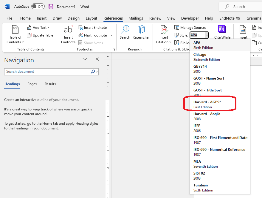 how to add harvard agps referencing style in ms word?