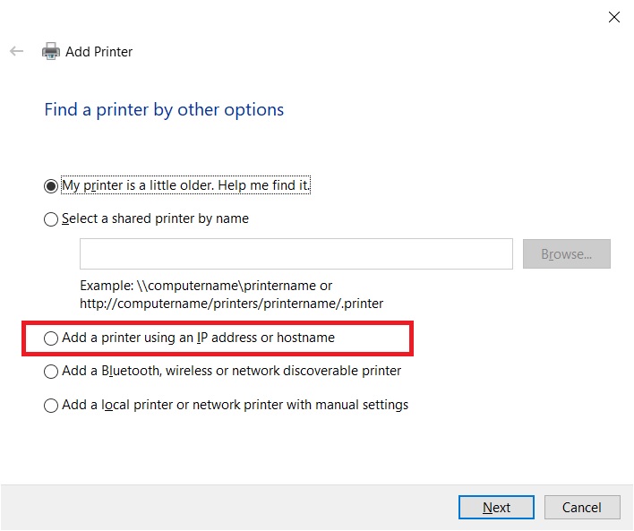 adding a printer using ip address