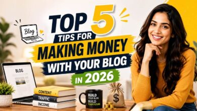 top 5 tips for making money with your blog in 2026, featuring a woman at a laptop with blog, content, traffic, income, and money-making visuals.