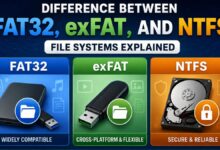 comparison of fat32, exfat, and ntfs file systems with storage devices, compatibility, file size limits, security, and best-use features