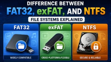 comparison of fat32, exfat, and ntfs file systems with storage devices, compatibility, file size limits, security, and best-use features