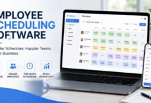 employee scheduling software dashboard displayed on a laptop and smartphone, showing weekly employee shifts, schedules, time-off requests, and productivity features.