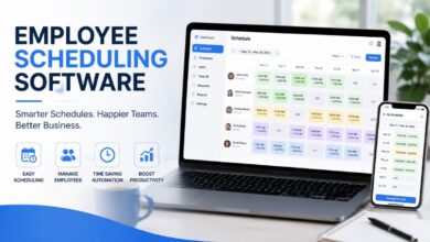employee scheduling software dashboard displayed on a laptop and smartphone, showing weekly employee shifts, schedules, time-off requests, and productivity features.