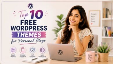 top 10 free wordpress themes for personal blogs featuring a woman using a laptop in a cozy workspace.