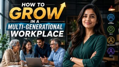 cinematic workplace thumbnail featuring a confident woman and a diverse multi-generational team collaborating in a modern office, with bold text reading “how to grow in a multi-generational workplace” and icons representing baby boomers, gen x, millennials, and gen z.