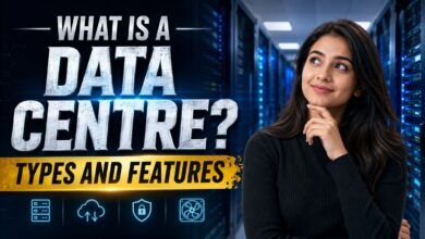 cinematic thumbnail featuring a woman in front of a futuristic server room, with bold text “what is a data centre?” and “types and features,” alongside icons representing servers, cloud computing, security, and cooling.