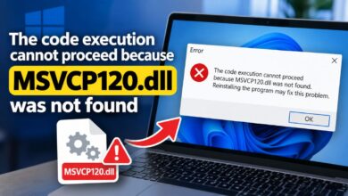 msvcp120.dll missing error displayed on a windows laptop, with a warning icon and text explaining that the code execution cannot proceed because msvcp120.dll was not found.