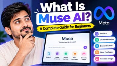 muse ai thumbnail featuring a person, meta logo, and ai agent interface with research, document creation, web browsing, purchases, and image generation features.